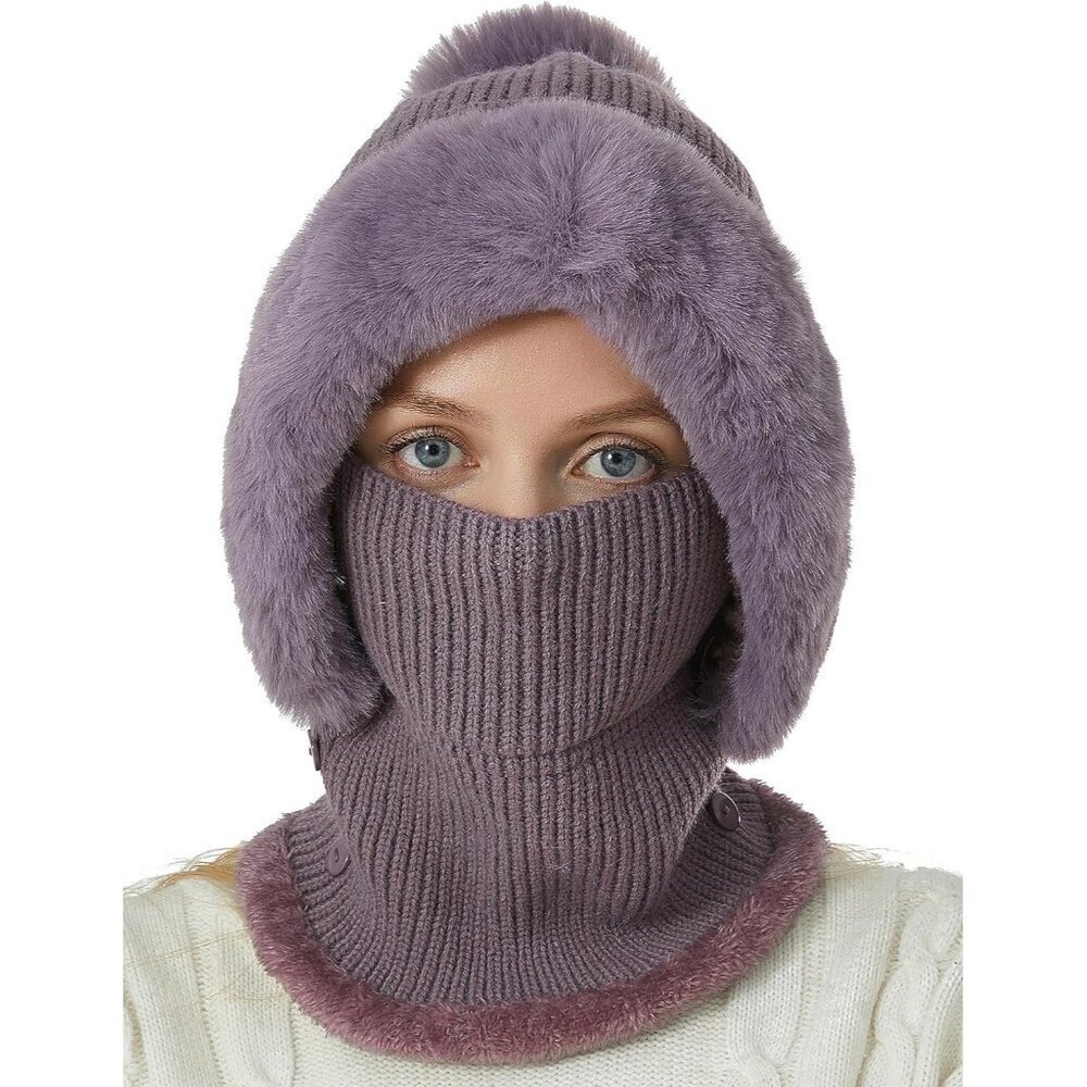 Women’s Winter Beanie Hat Set Fleece Lined Knit Balaclava with Neck Scarf